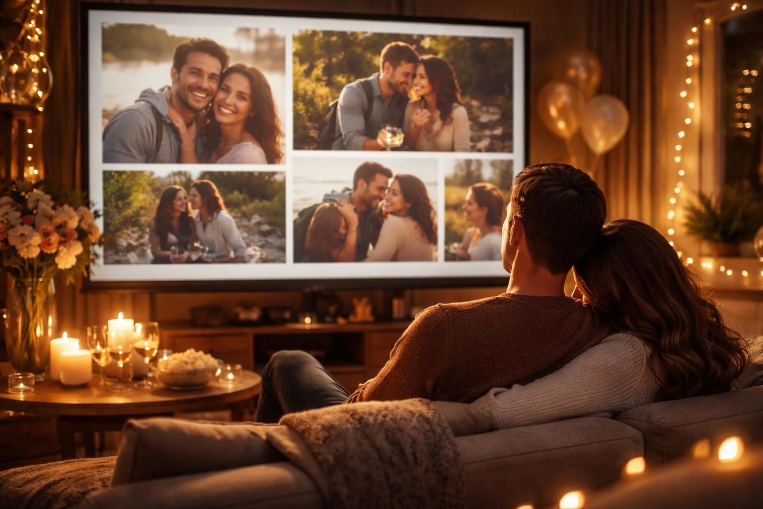 Anniversaire de couple : diaporama souvenirs sur écran de projection